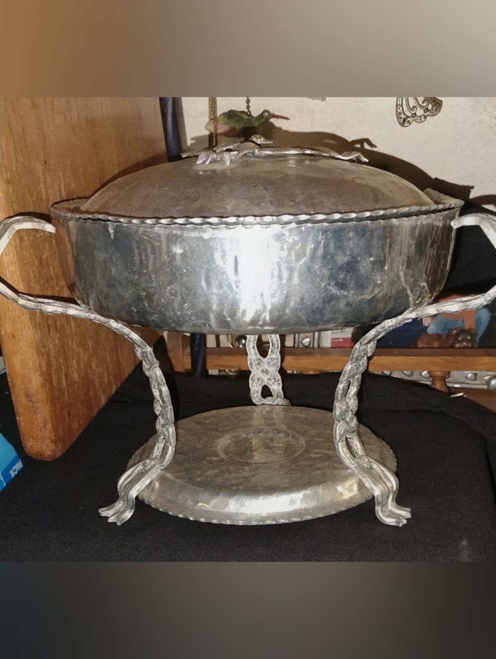 Vintage Hammered Aluminum Casserole Serving Dish W/ Stand & Lid Mid Century Host